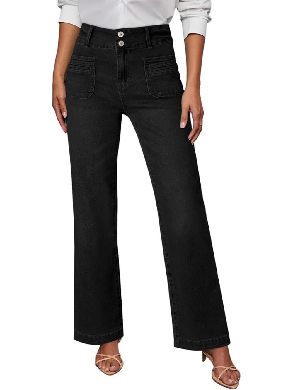 Women Deep Black Tummy Control Stretchy Cotton Blend Zip Up Straight Leg Jeans